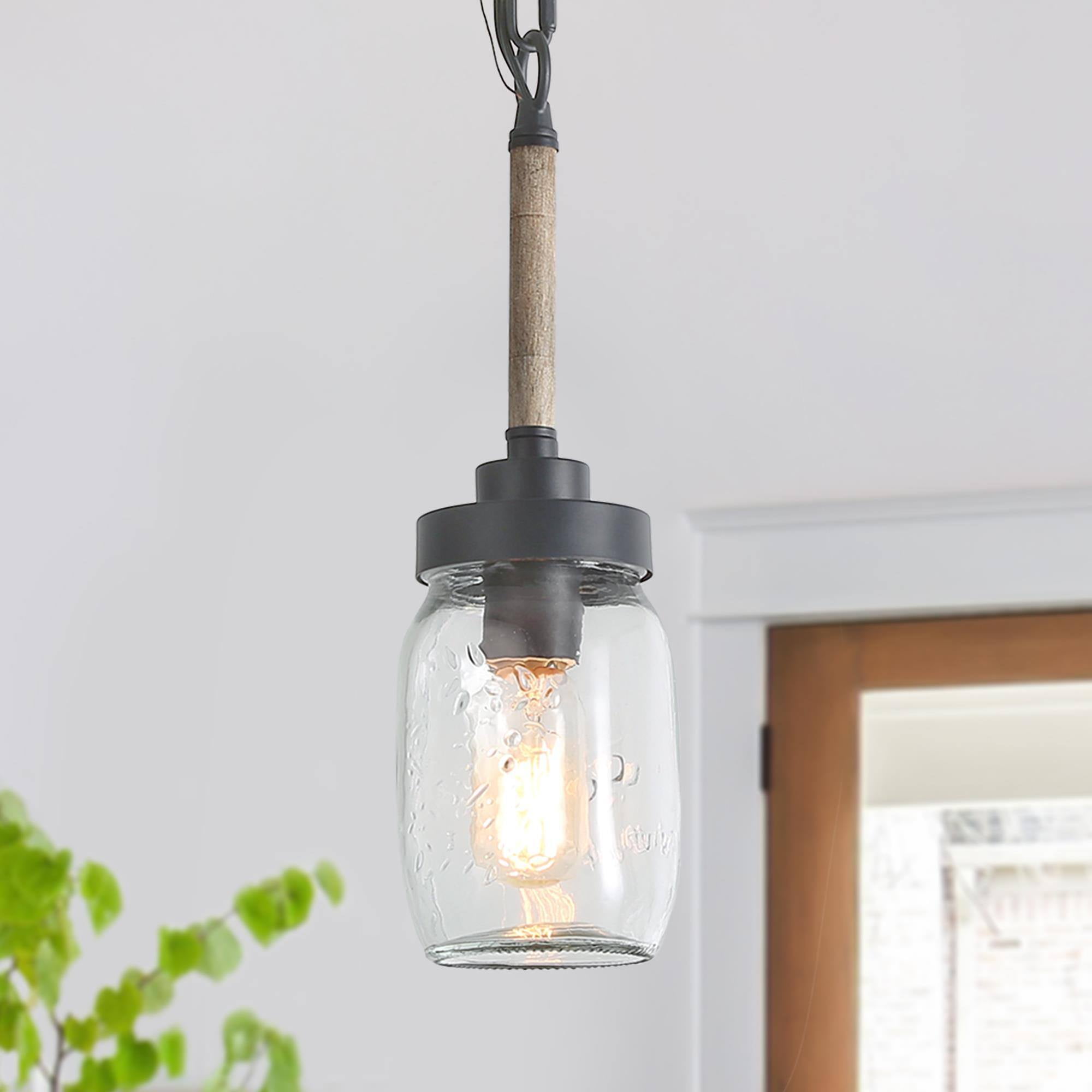 LNC Dark Gray Wood Grain Mini Pendant with Clear Glass Jar, LED Kitchen Island Light