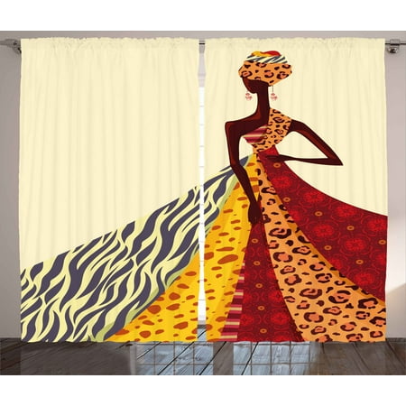 Modern Curtains 2 Panels Set, African Girl Posing with a Dress of Different Design Patterned Image Artful Print, Window Drapes for Living Room Bedroom, 108W X 63L Inches, Multicolor, by