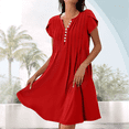 thumbnail image 4 of Women'S Summer Short Sleeve Dress Button V Neck Loose Fit Casual Flowy Pleated Dresses Maxi Tunic Beach Dress Red M, 4 of 5