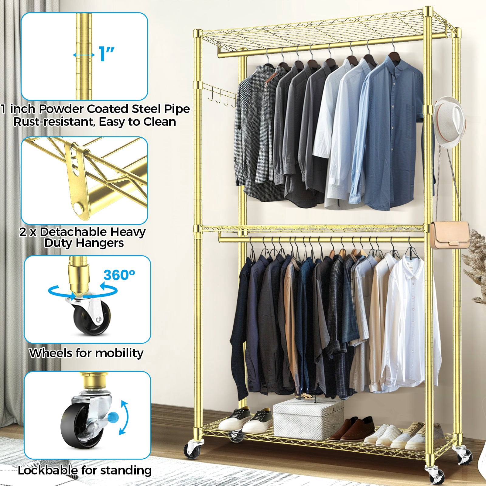 Sailvan Heavy Duty Clothing Rack with 3 Tier Adjustable Shelves, Double Rod Rolling Garment Rack, Small Space Freestanding Closet Wardrobe 17.72" D x 47.24" W x 80.71" H,Gold
