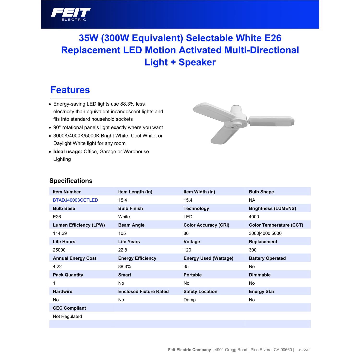 Feit Folding Panel E26 (Medium) LED Speaker Bulb Bright White 300 Watt Equivalence 1 pk