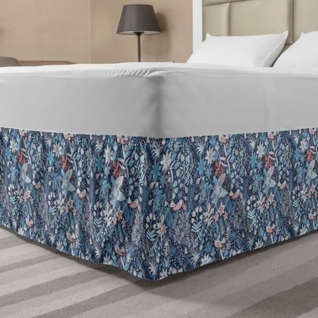 Jacobean Bed Skirt, Spring Themed Floral Damask with Petals Oriental Motif on Stripes, Elastic Bedskirt Dust Ruffle Wrap Around for Bedding Decor, 4 Sizes, Slate Blue Multicolor, by Ambesonne