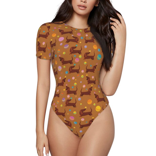 Bingfone Motif Teckel et Balle Justaucorps à Col Rond pour Femmes, Manches Courtes à Boutons-Pression, Adapté pour Fête, Sports, Usage Quotidien-TTG