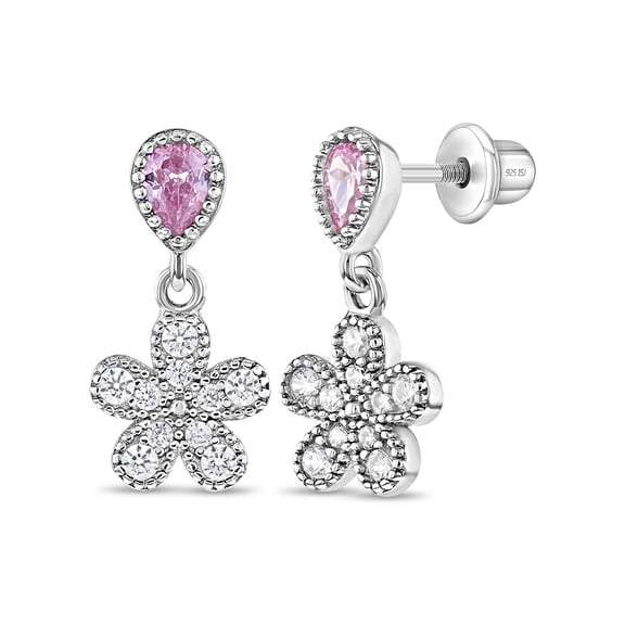Groovy CZ Flower Dangle Children's / Girls Earrings Screw Back - Sterling Silver