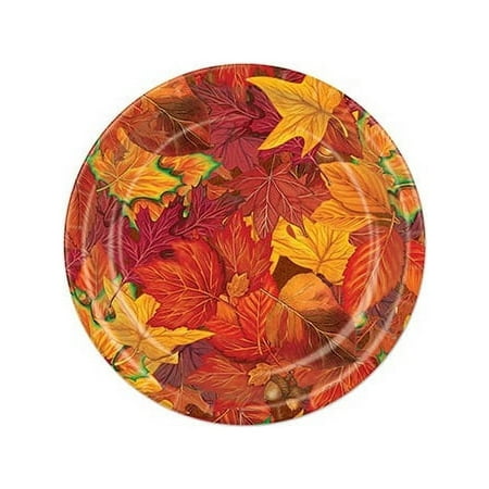 Beistle Club Pack of 96 Majestic Red and Gold Fall Leaf Thanksgiving Party Plates 7"