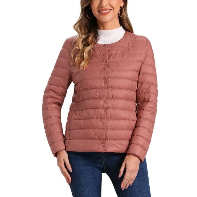 Chaqueta acolchada ligera para mujer Inspire Chic, con botones, empacable, de manga larga, tamaño S, rojo claro