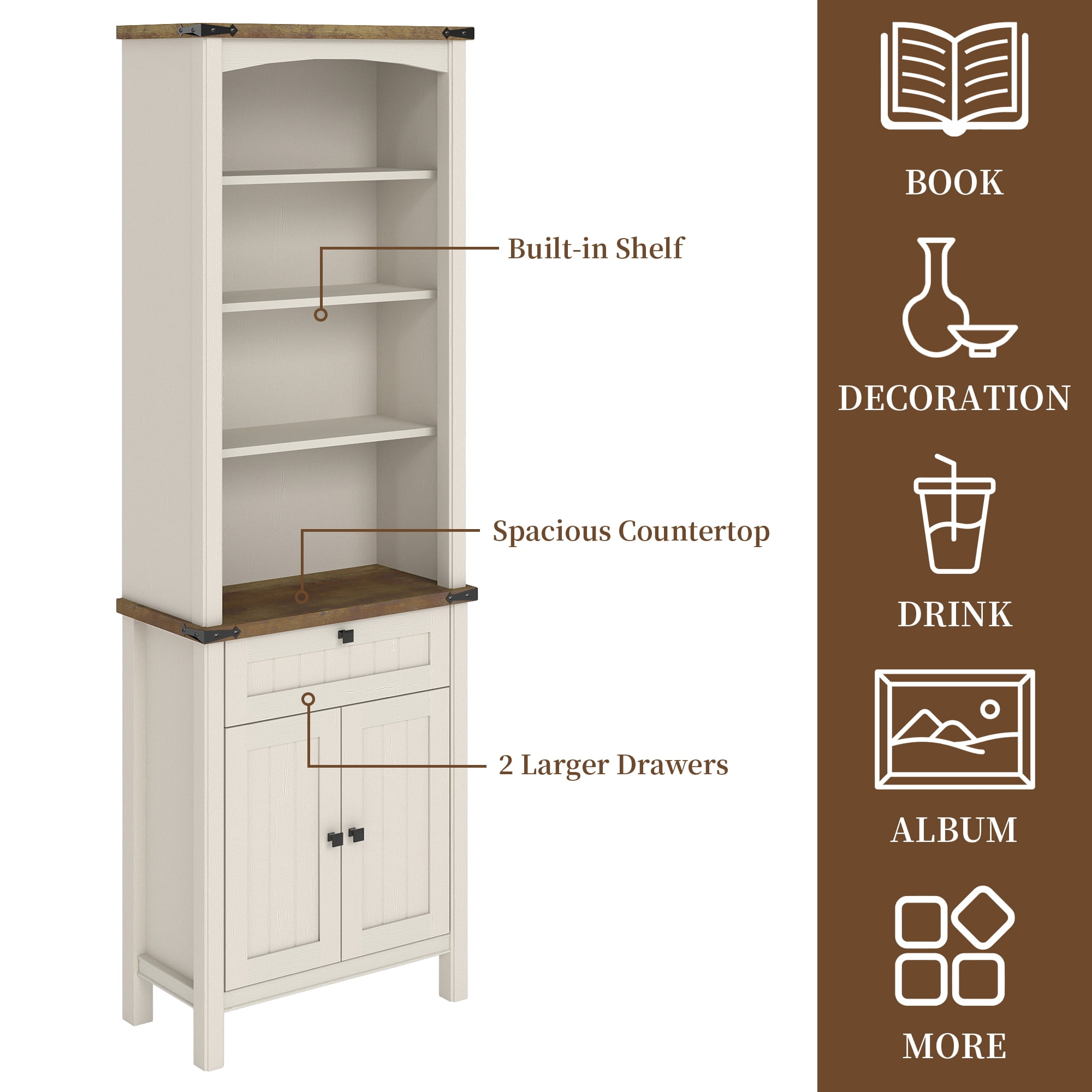 FIAKOA 3 PC Home Office Desk Set, Executive Office Desk Set with Charging Station & Bookshelf Set , White