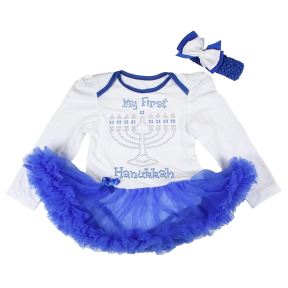 Petitebelle Rhinestones My First Hanukkah L/s Baby Dress Nb-18m (White/Blue-1, 3-6 Months)
