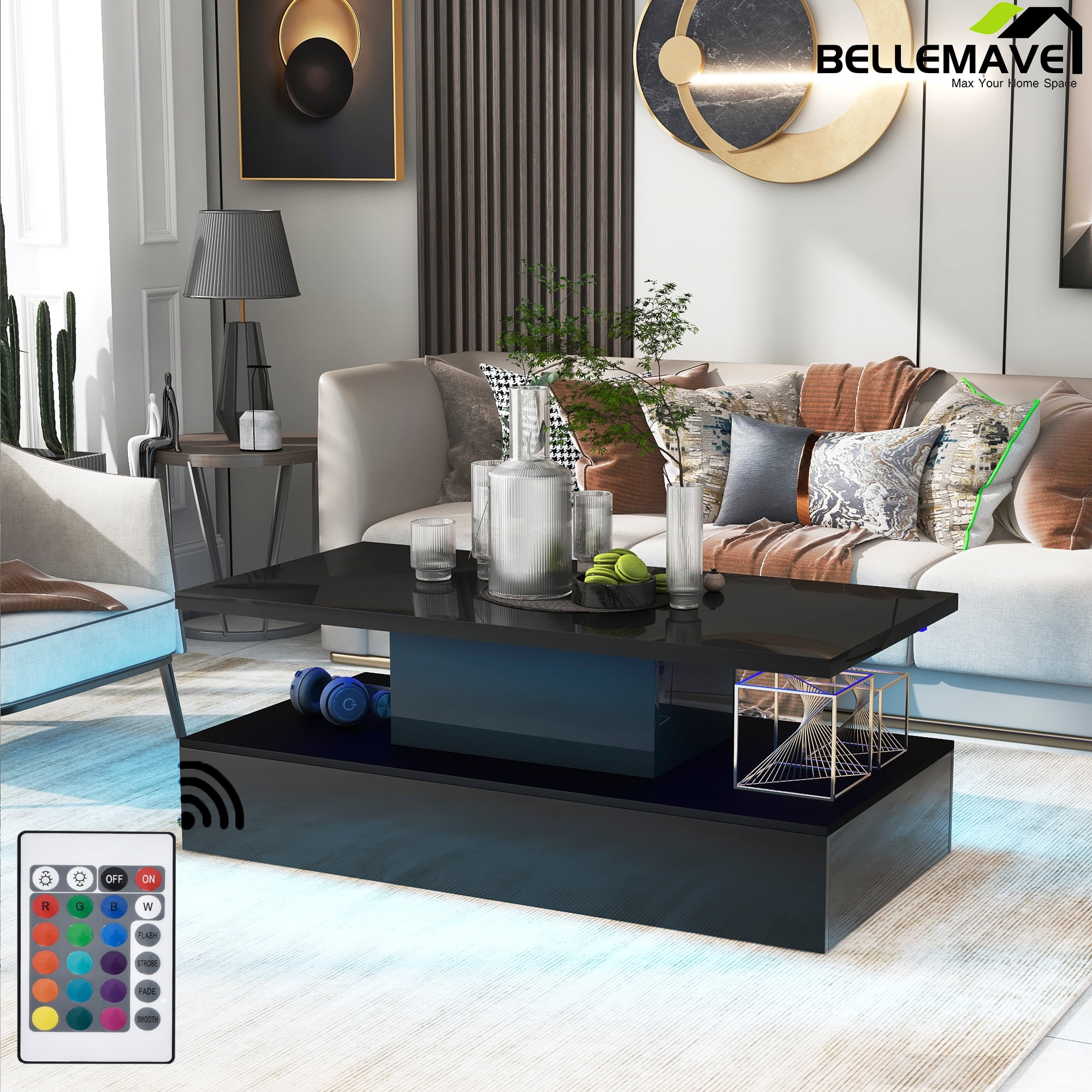 Bellemave 2Tier LED Light Coffee Table,Modern Industrial Design
