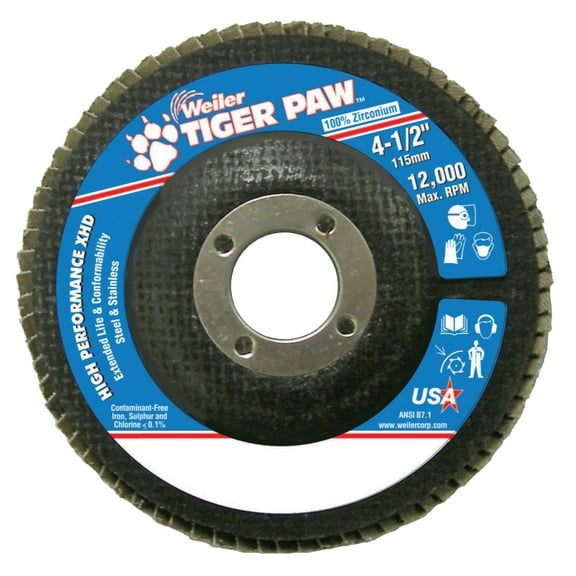 Weiler Tiger Paw Coated Abrasive Flap Discs,4 1/2",36 Grit,7/8 Arbor,Phenolic,12000rpm