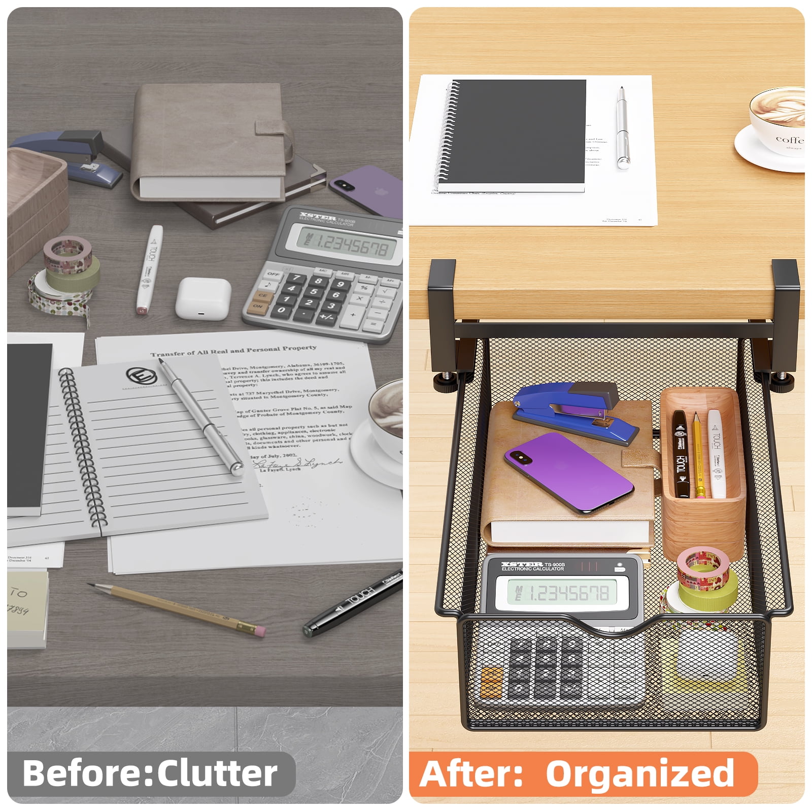 Mintazer Under Desk Organizer Clamp-On Metal Large Under Table Storage Slide Out Caddy Drawer for Home & Office, Black
