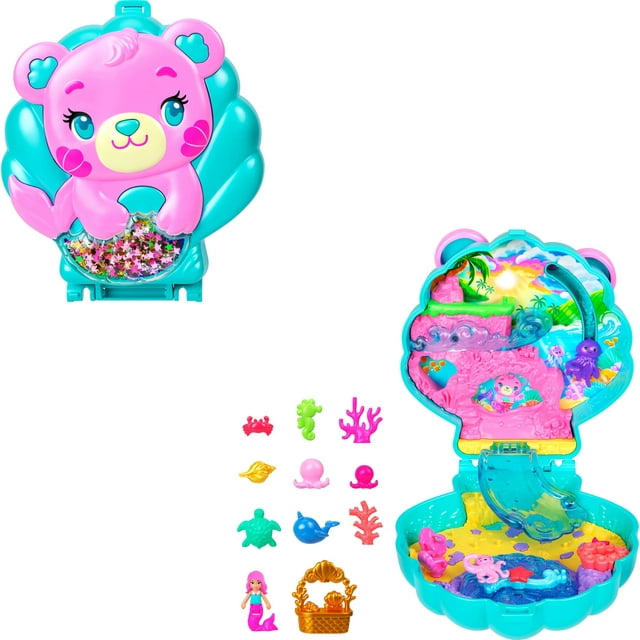 Polly Pocket Juego Compacto de Isla con Purpurina con 1 Micromuñeca Sirena y Mascotas en el Océano, Juguete de Viaje con Accesorios Temáticos
