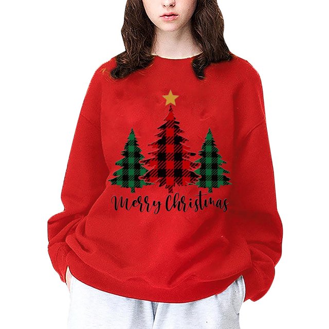 Gibobby Jersey de forro polar Suéter casual de moda navideña de manga larga con hombros descubiertos y estampado de estrellas de árbol de Navidad tricolor para mujer (Rojo, M)