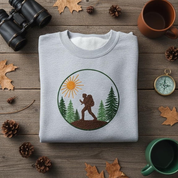 Embroidered Hiker Sweatshirt, Hiking Adventure Hoodie, Mountain and Forest Crewneck, Outdoor Nature Lover Gift