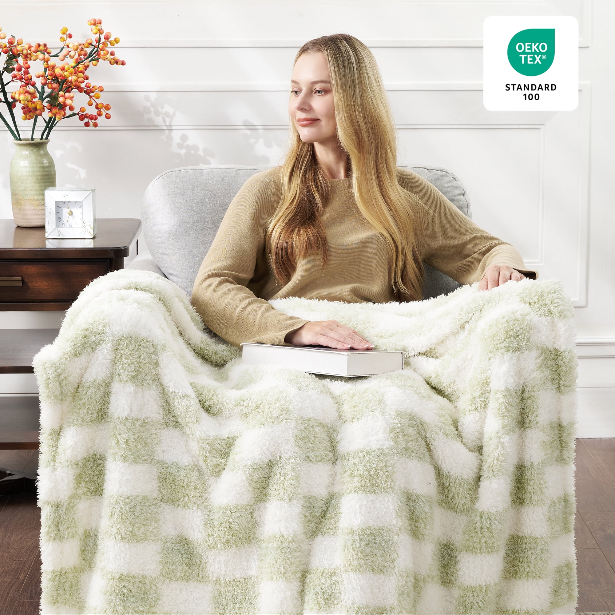 CBCHome Checkered Chenille Furry Throw Blanket – Soft Plush Cozy Dorm Room Essential, for Sofa and Bed, Graduation Gift for Her and Teens (Desert Sage, 50"x60")