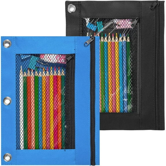 2Pcs Pencil Pouches for 3 Ring Binder, Fabric Binder Pouch with 2 Pockets, Pencil Bags with Zipper and Reinforced Grommets, Pencil Cases for Binder