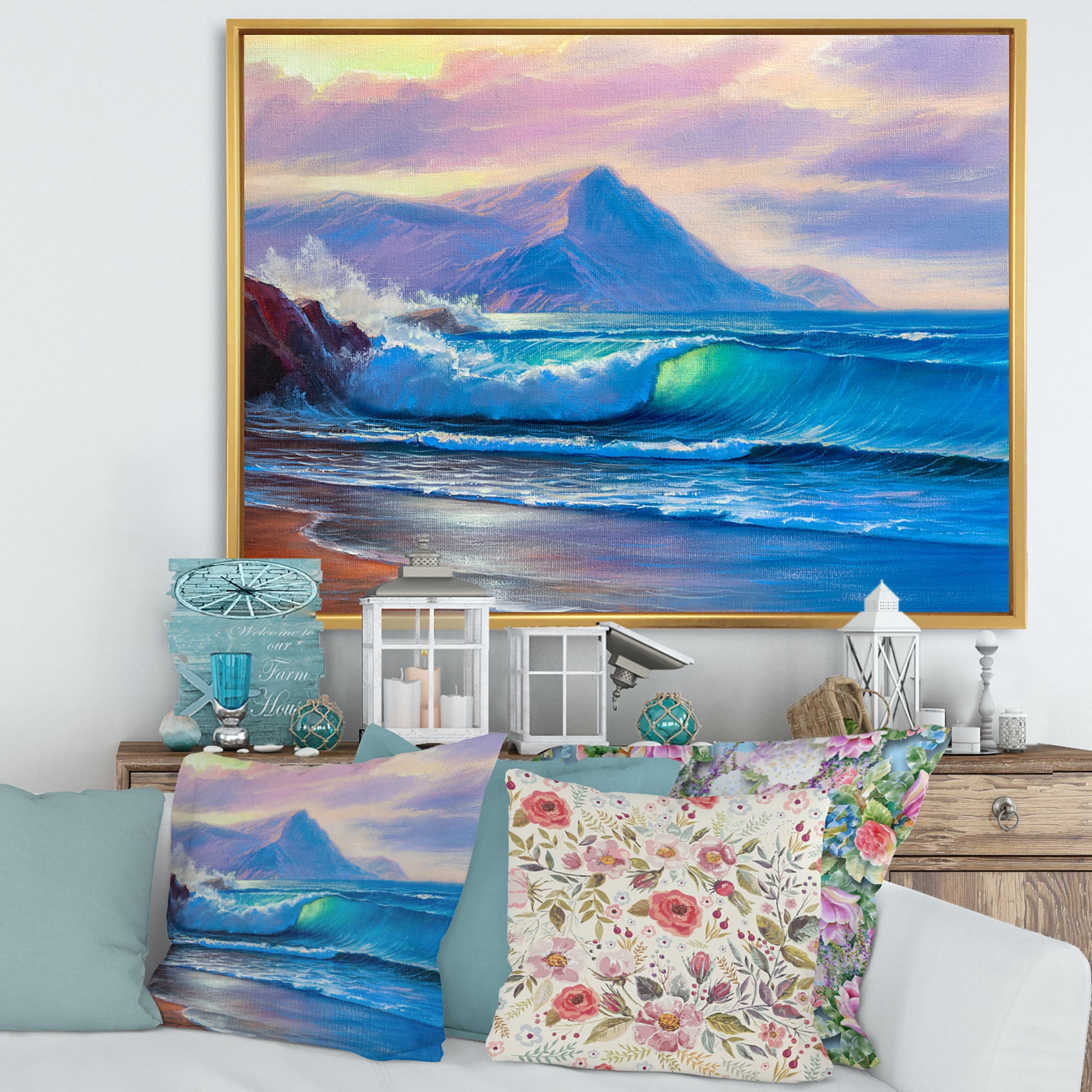 Designart 'Blue Waves Breaking At The Beach Landscape I' Nautical & Coastal Framed Canvas Wall Art Print