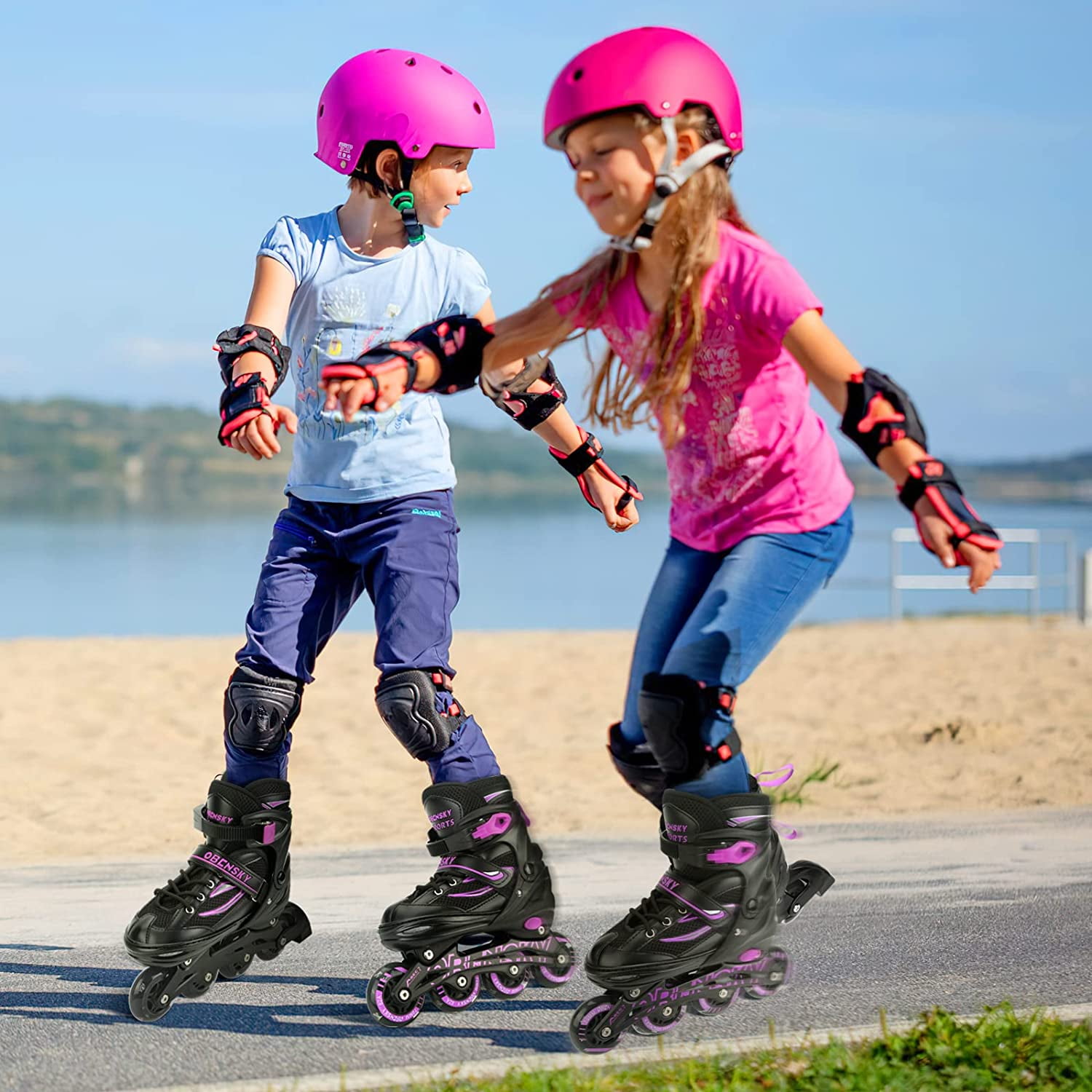 (2 pack) OBENSKY Adjustable Inline Skates, Illuminating Roller Blades for Kids,Girls&Boys Beginner w/ Light up Wheels-Purple