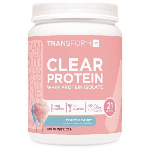 TransformHQ Clear Protein Powder (Cotton Candy) 21 Servings - Whey Protein Isolate, 20g of Protein, 90 Calories, 0g Added Sugars