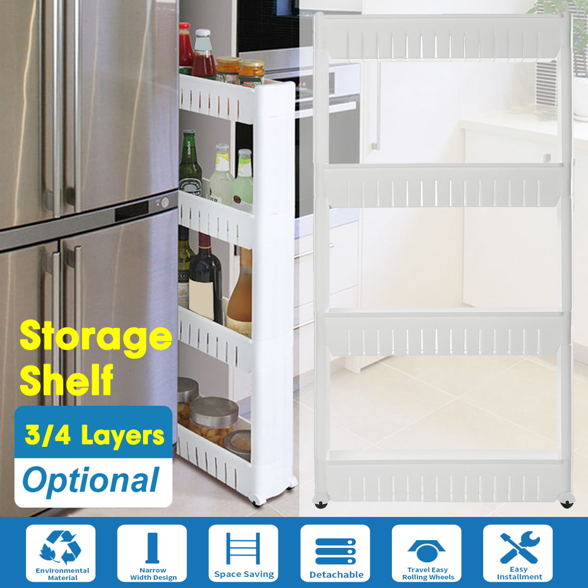 3 Sizes Storage Rack Shelf Organizer Slim Space Saving Wheels Removable Kitchen
