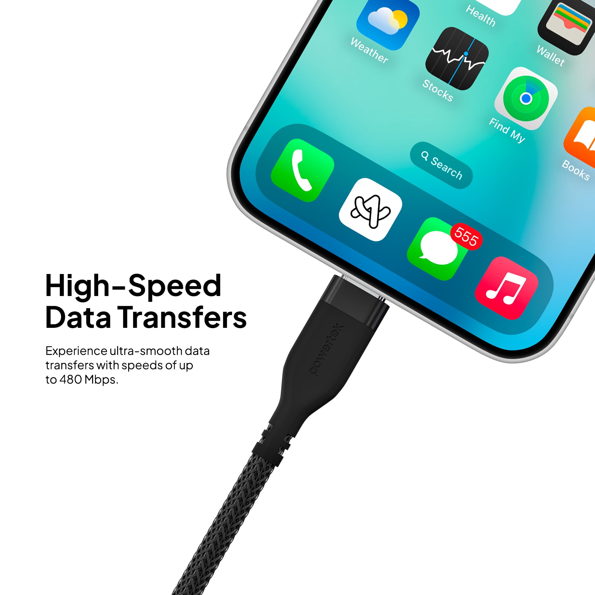Powertek Ultra 6ft USB-A to Lightning Cable, Black, Silicone with PVC Mesh Jacket, Consistent Data Transfer, MFi Certified Charging Cable