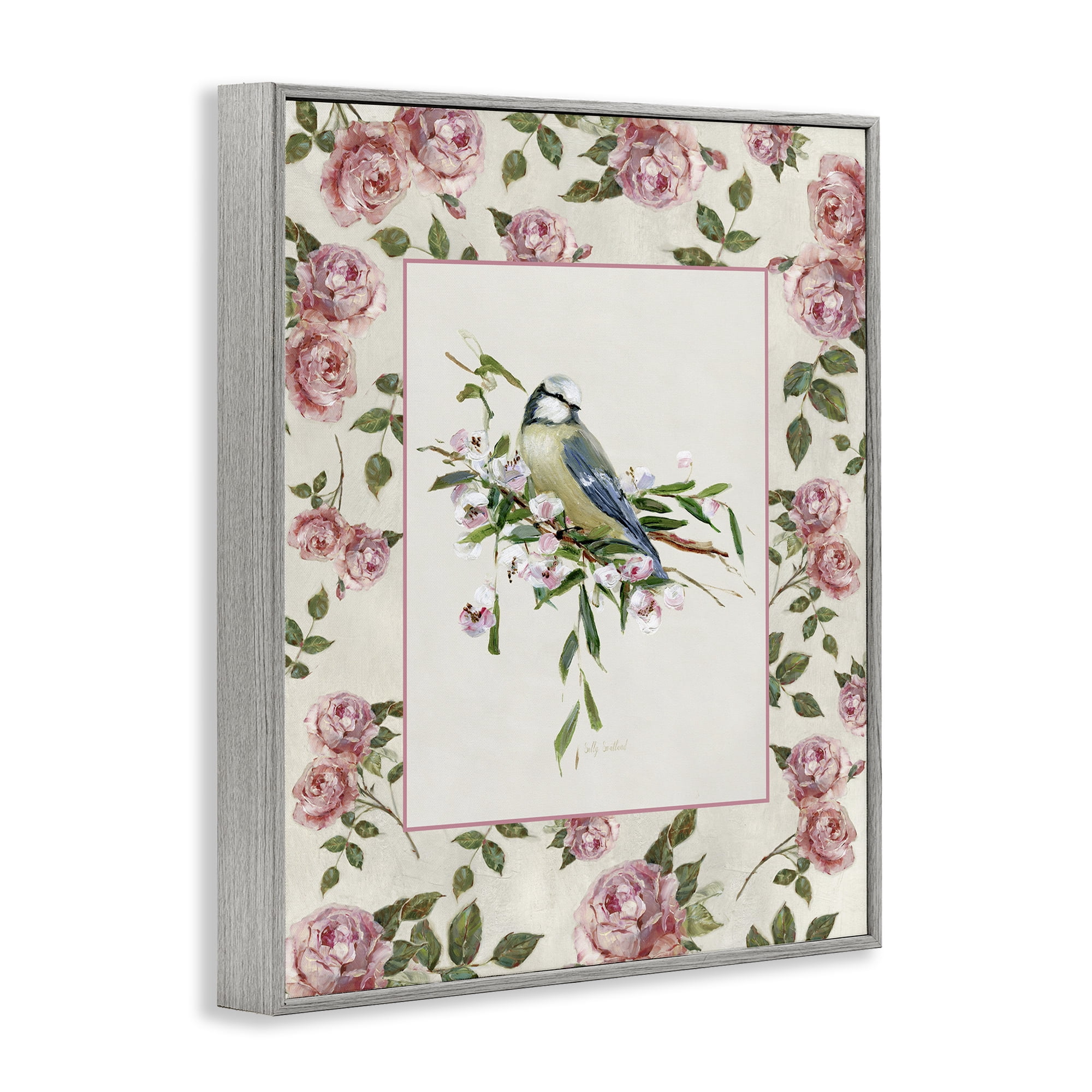 Stupell Industries Dainty Roses & Perched Bird Gray Framed Giclee Art, design by Sally Swatland
