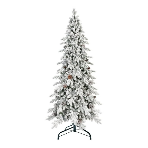 8FT Snow Flocked Pencil Slim Christmas Tree with Pinecones Decoration, 1634 PE/PVC Hybrid Branch Tips
