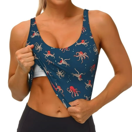 Qokaie Octopus Sea Life Pattern Womens Scoop Neck Sports Bra Breathable Workout Vest Padded U Back Medium Impact Fitness Gym Yoga Bra Workout Crop Top