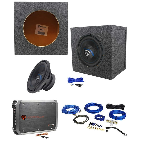 Rockville K5 W10K5S4 Bundle: 10 in 1200-Watt Peak/300-Watt RMS 4-Ohm Car Subwoofer, RXA-T1 2-Channel Amplifier, RWK81 8-Gauge Wiring Kit, RS10 Sealed Enclosure, 5 items