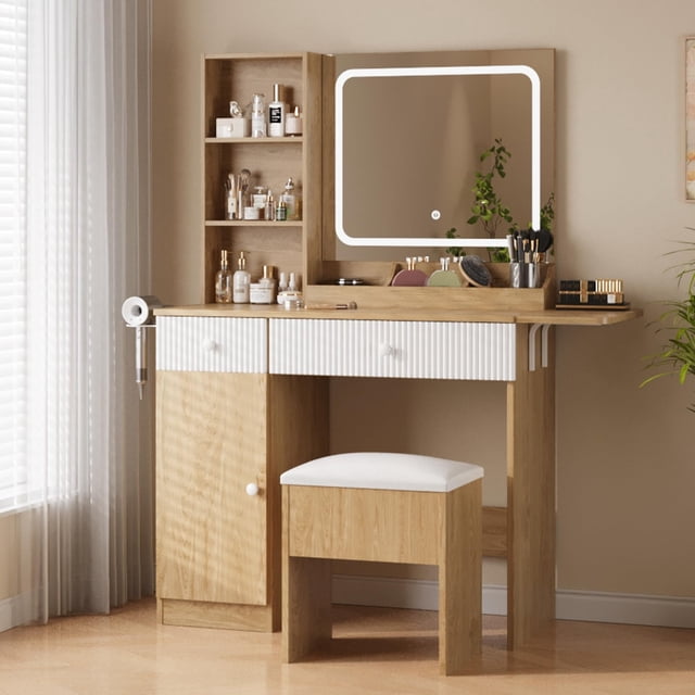 Vanity Desk with Mirror & LED Lights – Makeup Table Set with Power Outlet, Drawers, Cabinet, Storage Stool & Shelves – Lighted Bedroom Dressing Table, Natural Wood Color