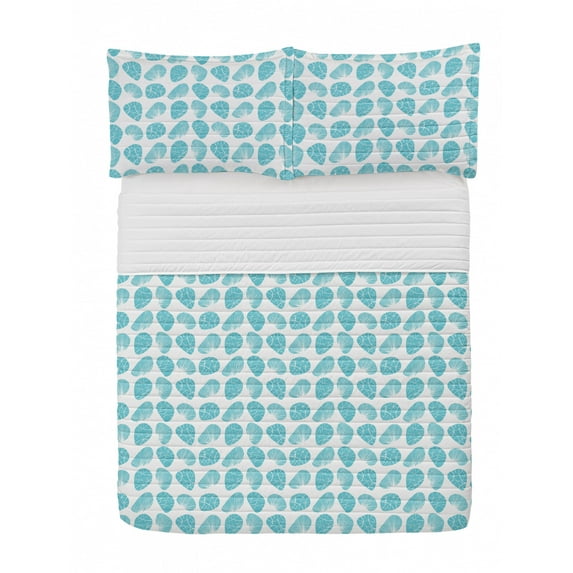 Shells Microfiber Bedspread Set, Geometric Pattern of Seashell Sea Stone Scallop Sunray Venus and Cockle, Soft Bedding Set with Pillow Shams & Comforter, 3 Sizes, Blue and White, by Ambesonne