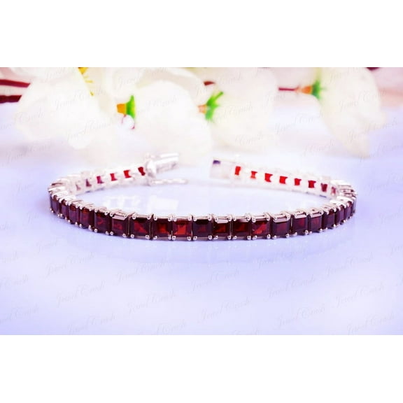 Red Garnet Tennis Bracelet | Women' Bracelets | Birthday Gifts | Square Shaped Garnet Bracelet | Chain Bracelet | Wedding Bracelet | Gifts