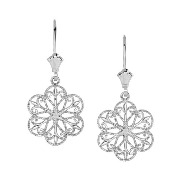 MILGRAIN FILIGREE FLOWER LEVERBACK EARRINGS IN 14K WHITE GOLD