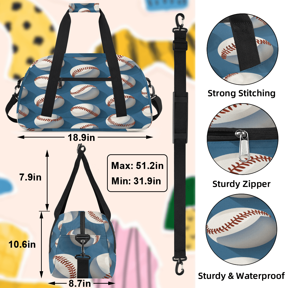 Herdesigns Baseball Pattern Sports Duffle Bag for Women & Men, Gym Bag Dance Bag Overnight Bag Carry On Weekender Travel Bag