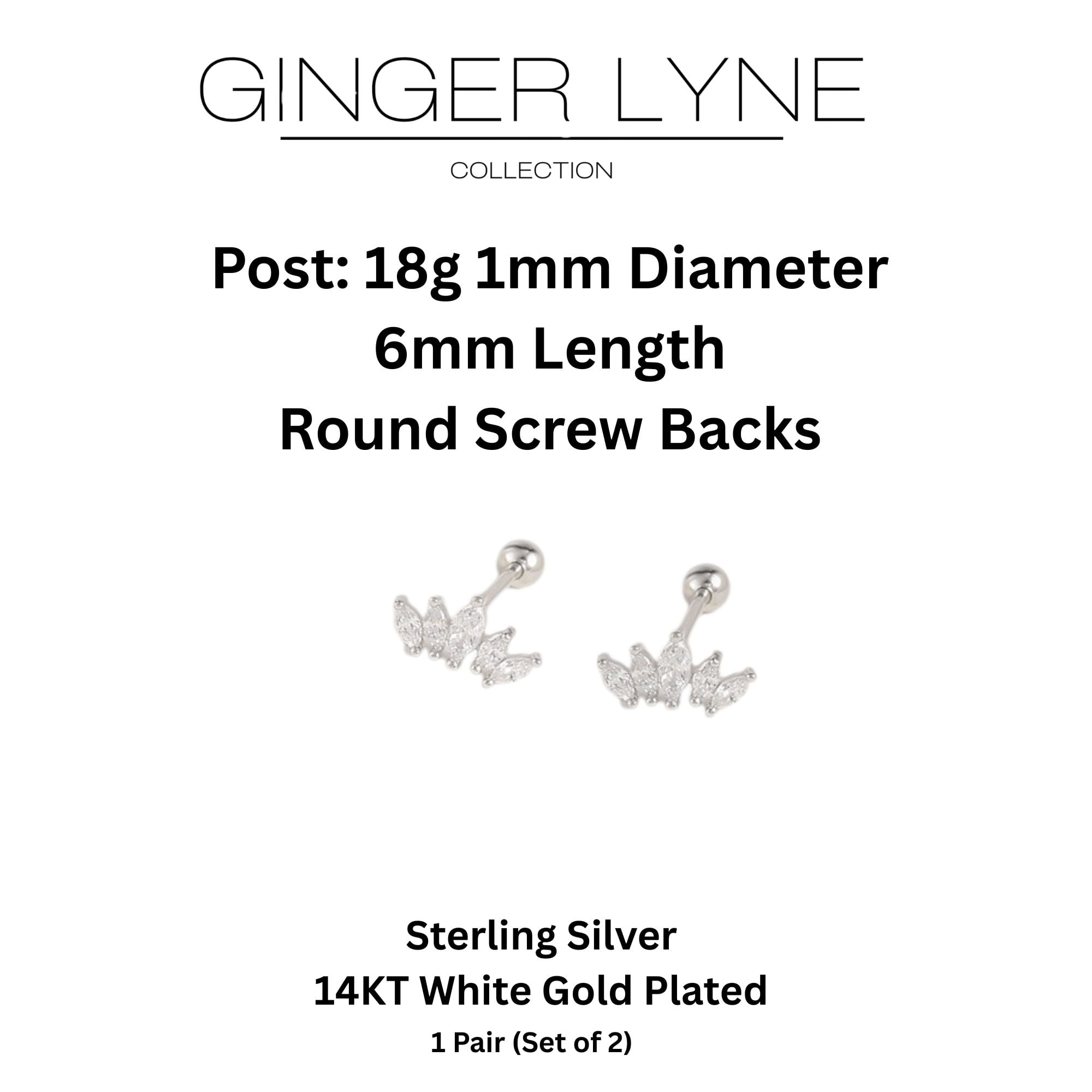 Marquise CZ Flat Back Earrings for Cartilage Helix Tragus Lobe 18g 6mm Post Sterling Silver 1 pair by Ginger Lyne