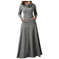 thumbnail image 1 of KIHOUT Robe Maxi Femme Couleur Unie Col Haut Manches Longues Patchwork Poches Grand Ourlet Longue Jupe, 1 of 5