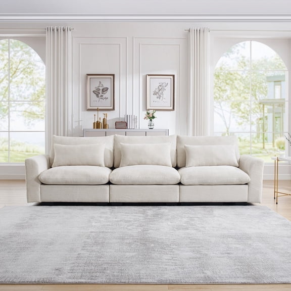 Modern Beige Corduroy 3-Seater Deep Seat Sofa for Living Room