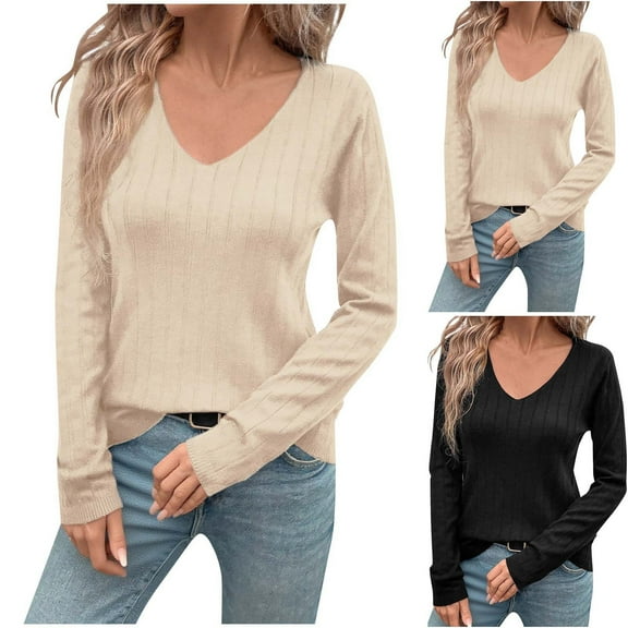 FRSASU Womens V Neck Long Sleeve Shirt Fall/Winter Fashion Tops Solid Dressy Casual Sweater Clothes Black S(S)