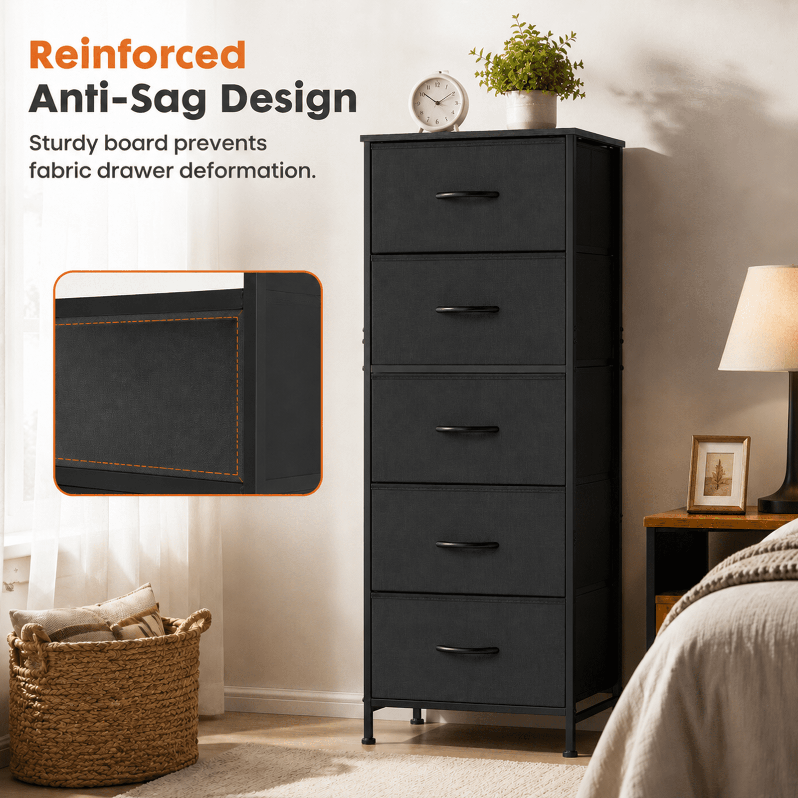 Alvantor Tall Dresser for Bedroom with 5 Drawers, Vertical End Table and Nightstand for Bedroom, Storage Organizer Chest of Drawers with Removable Fabric Bins