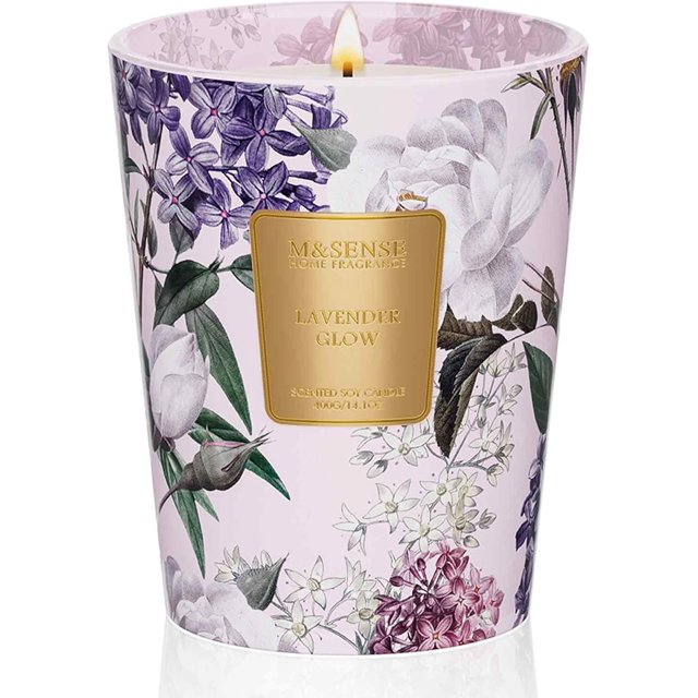 M&SENSE Natural Soy Wax Lavender Glow Candle Scented for Home, 14.1oz 60 Hours Long Lasting Candles Non Toxic for Home Decor, Large Aromatherapy Lavender Candle for Stress Relief, Spa, Meditation