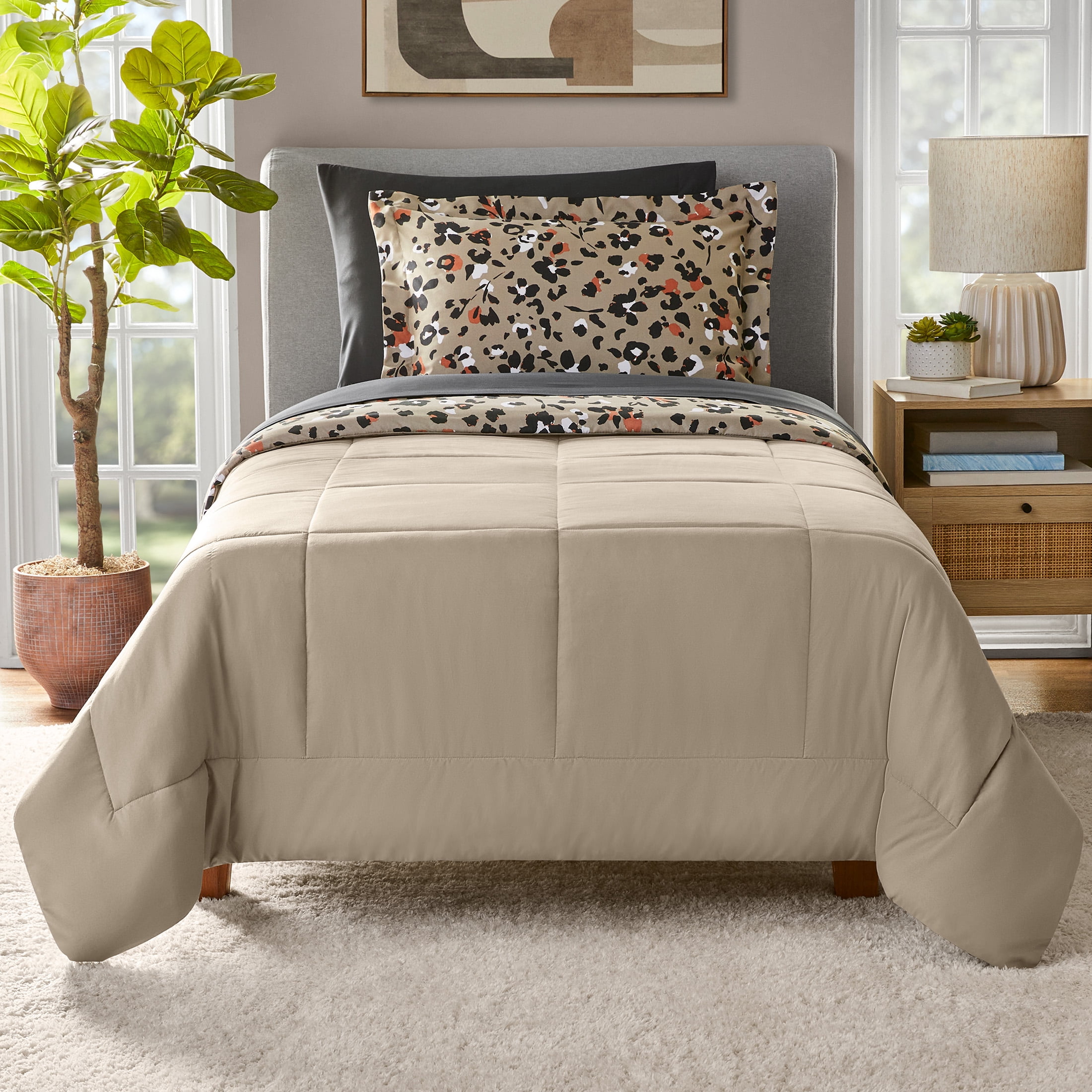 Mainstays 5-Piece Reversible Bed in a Bag Comforter Set with Sheets, Beige Animal Print