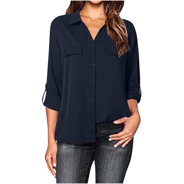 Blusa de color liso de manga larga con botones sueltos y solapa informal a la moda para mujer Fridja bvmnju7396