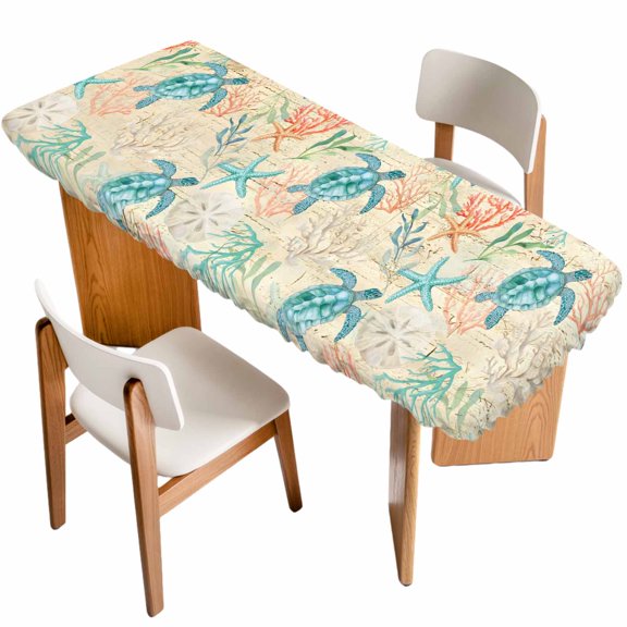 Teal Red Coastal Table Cloths for 8 Foot Rectangle Tables, Summer Beach Nautical Sea Turtle Coral Starfish Patio Waterproof Elastic Fitted Tablecloths, Washable Rectangular Table Cover for Camping