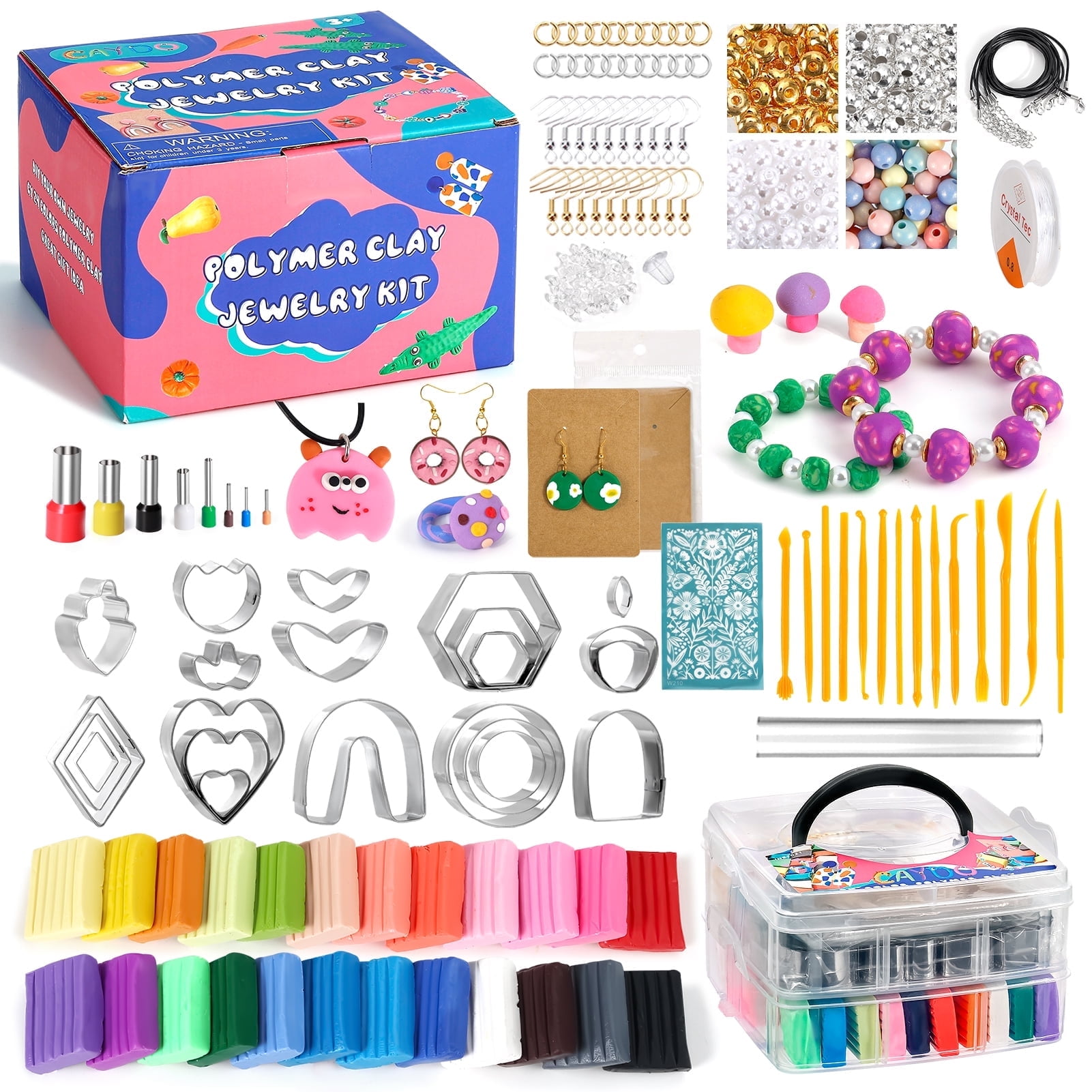 587PCS Polymer Clay Jewelry Making Kit with 2 Layer Storage Box,3 in 1 Clay Earring and Bracelet Making Kit with Sculpting Tools and Jewelry Accessories for Beginners,Good DIY Gift for Kids and Adults