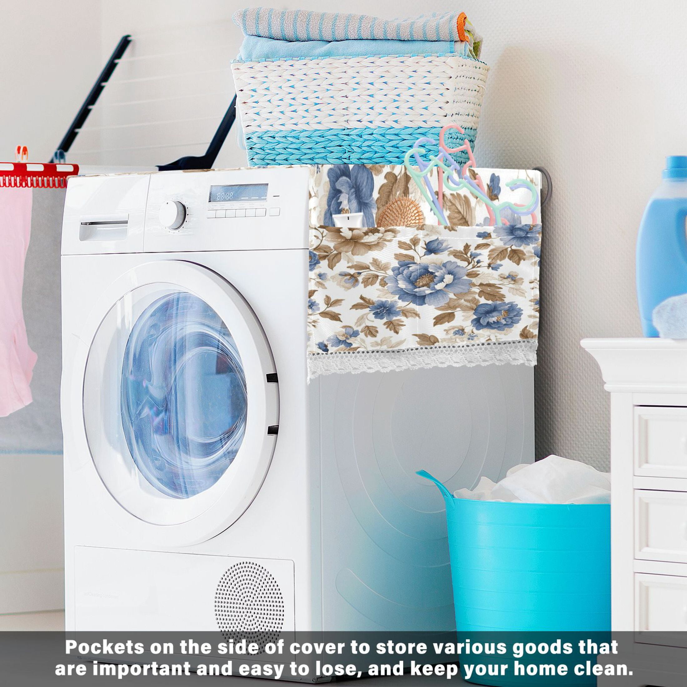 WOBOGO Blue Peonies Dead Leaves Washing Machine Cloth Dryer Refrigerator Top Cover Protective Non-Slip Mat For Kitchen Laundry