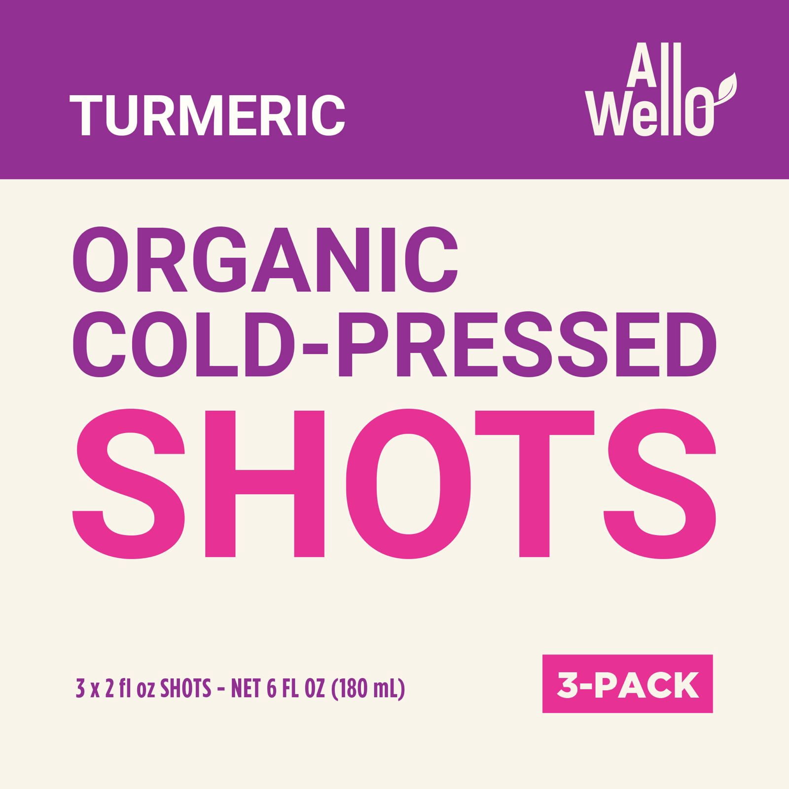 (6 pack) AllWellO Organic, Cold Pressed Turmeric Shots, 2 fl oz Glass Bottles, 3 Pack