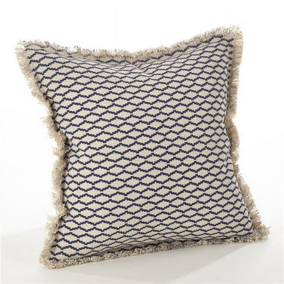 SARO  20 in. Square Canberra Fringed Moroccan Down Filled Cotton Throw Pillow  Navy Blue