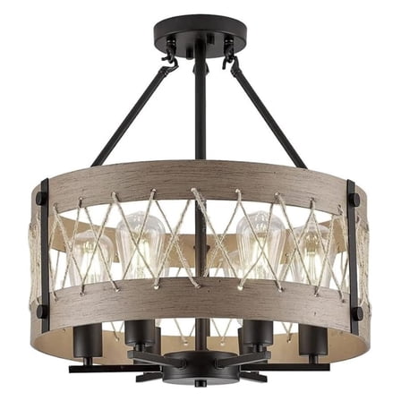 6-Light Rustic Chandelier for Entryway, Round Farmhouse Light Fixtures for Dining Room, Industrial Drum Hanging Pendant Lighting for Kitchen Island, Nature Wood Finish