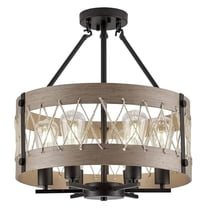 6-Light Rustic Chandelier for Entryway, Round Farmhouse Light Fixtures for Dining Room, Industrial Drum Hanging Pendant Lighting for Kitchen Island, Nature Wood Finish