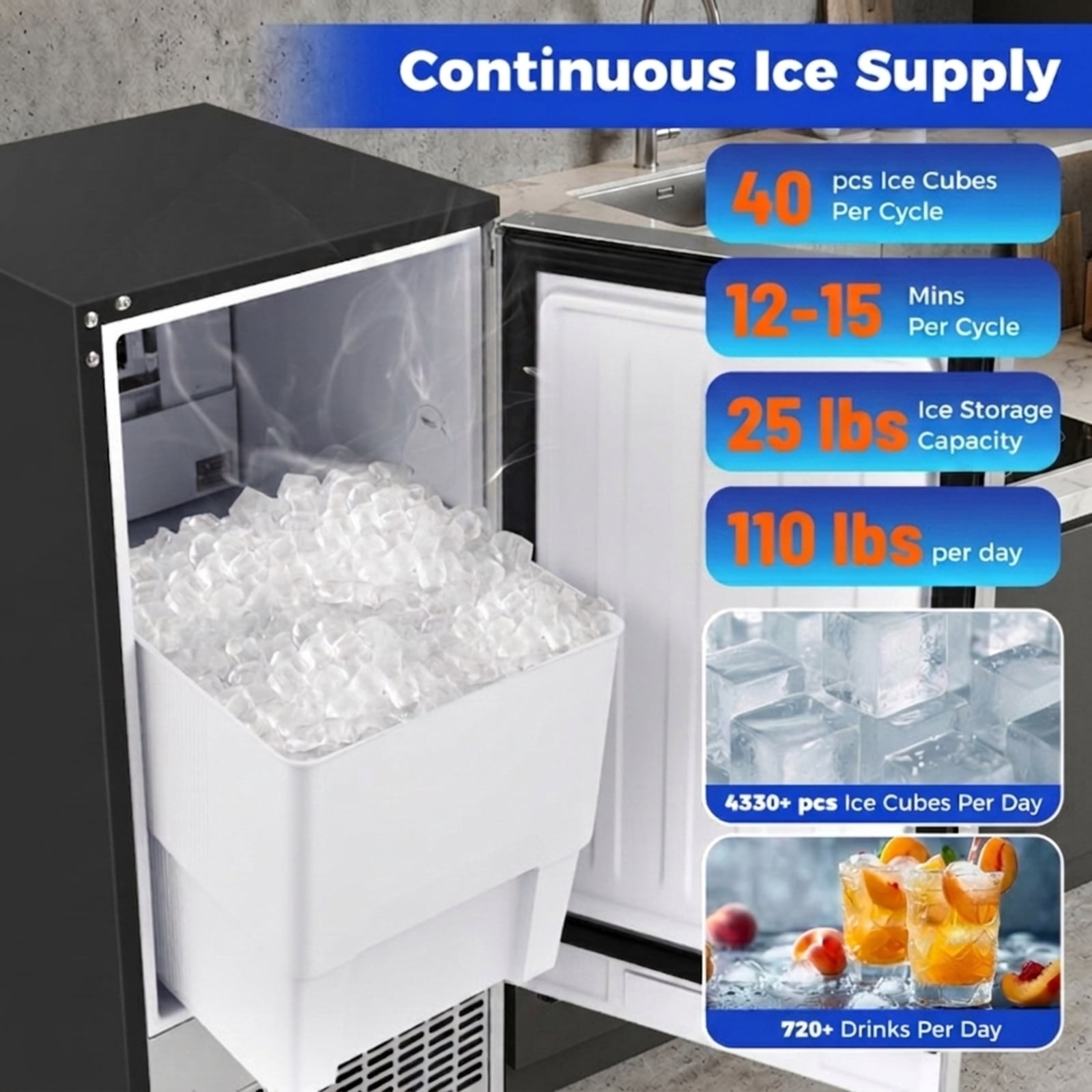 RUIE Undercounter Commercial Ice Maker 110 lbs/24H, Stainless Steel Freestanding Ice Machine with 25 lbs Storage for Home Bar Office Restaurant